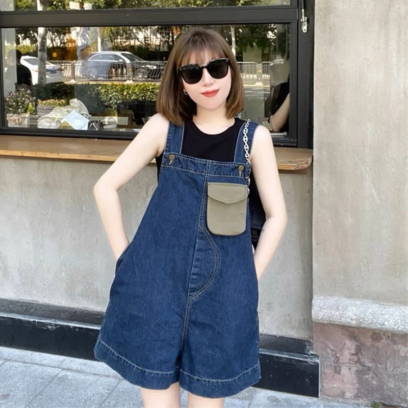 Quần short yếm jean ngắn ống rộng phối túi phong cách năng động có bigsize