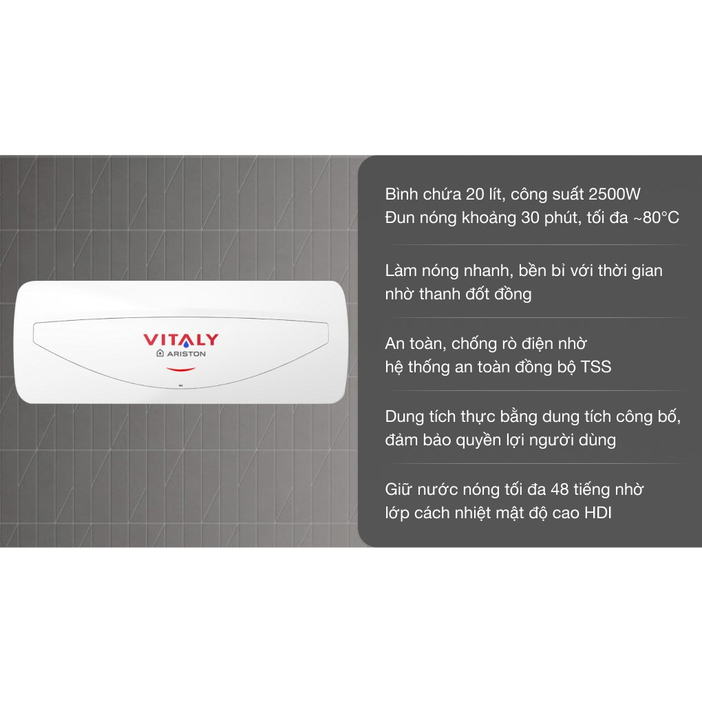 Bình nóng lạnh Ariston chống giật Vitaly Slim 20SL 20L