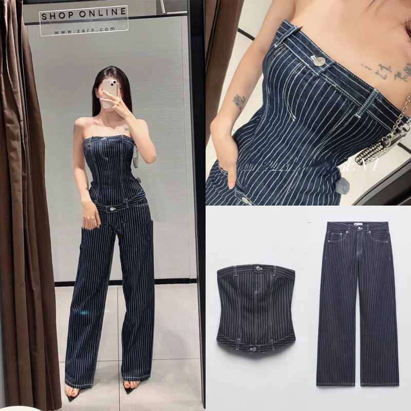 Set áo quây + jeans kẻ xanh Za.ra (kèm ảnh thật)