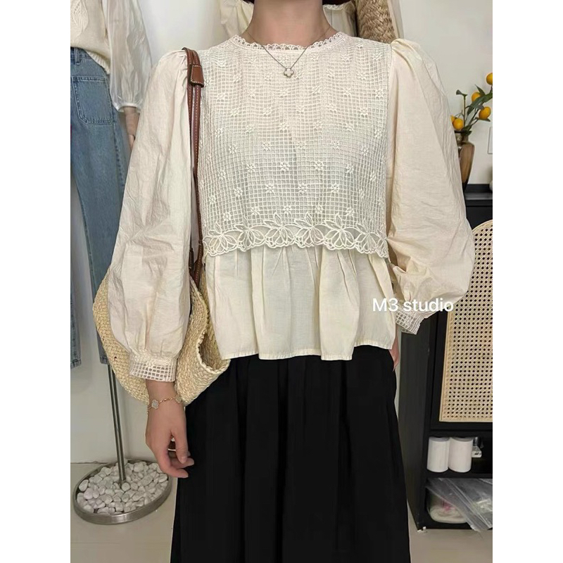 Áo sơ mi ren tay dài nữ basic phong cách vintage HQ