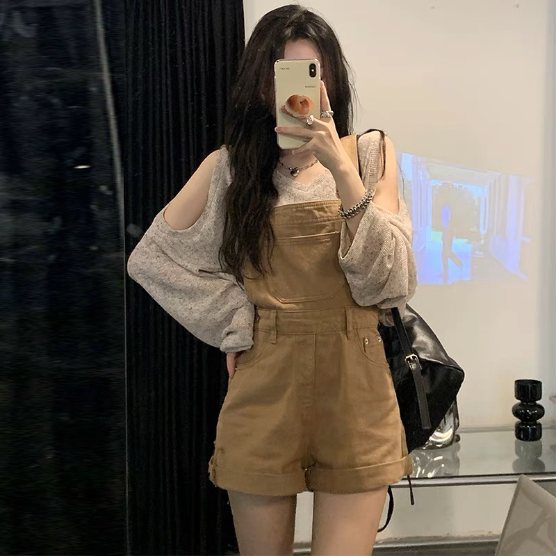 Yếm kaki ngắn dễ thương ống rộng phong cách Hàn Quốc có bigsize