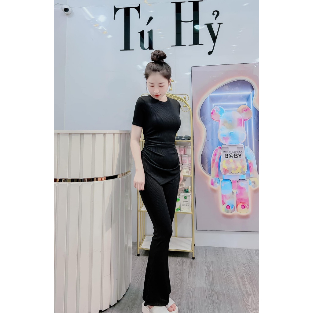 Set đồ bộ nữ áo tay ngắn form ôm nhún eo tà nhọn phối quần dài ống loe tôn dáng, Set len tăm tay ngắn nhún eo vạt chéo