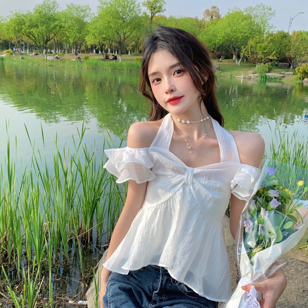 Áo Kiểu Nữ Hở Vai Tay Bèo Phối Cổ Dây Buộc Nơ Nhẹ Nhàng Dễ Thương