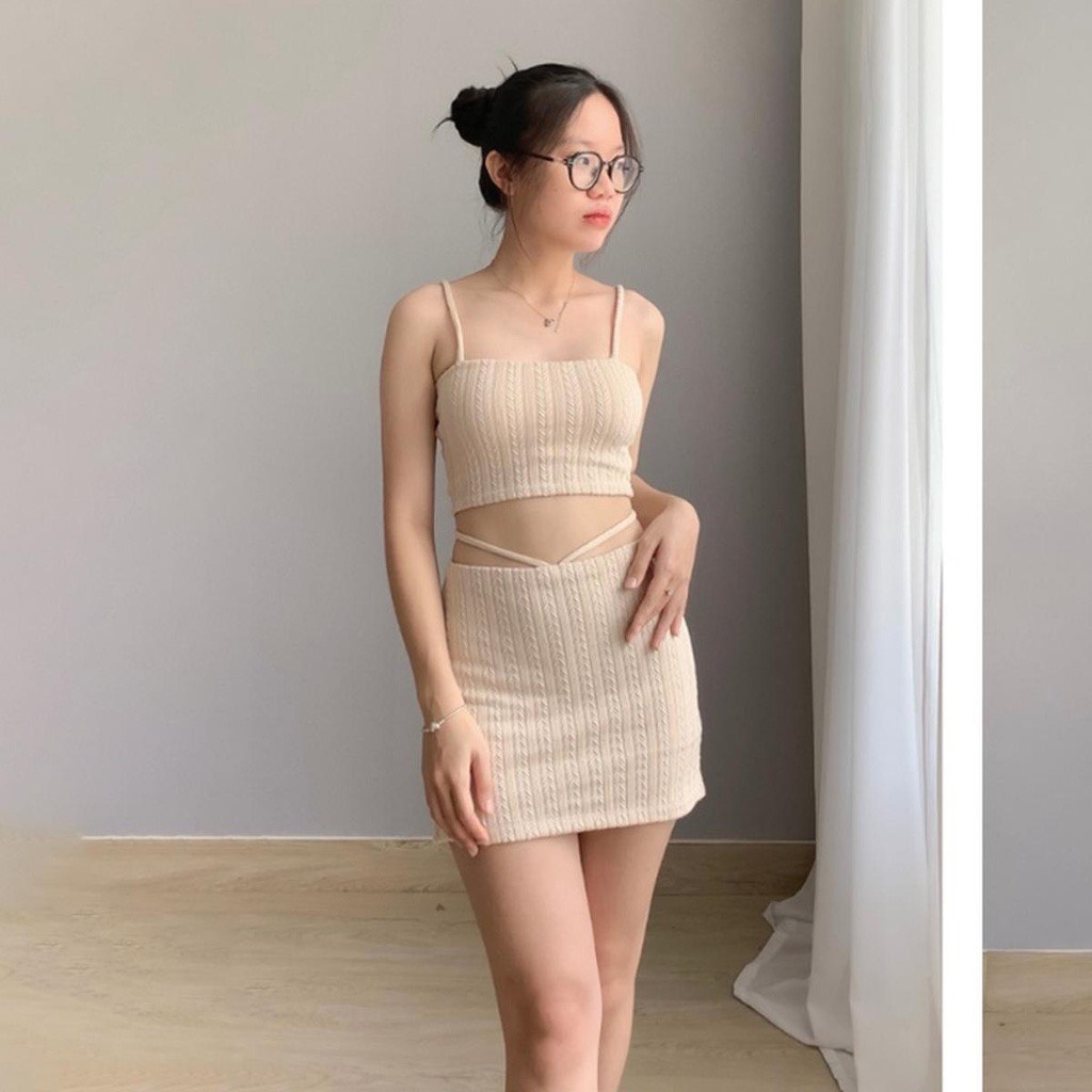 Set Áo 2 Dây Kèm Chân Váy Dây Buộc Eo Dáng Ôm Phong Cách Quyến Rũ
