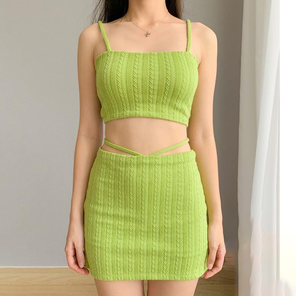 Set Áo 2 Dây Kèm Chân Váy Dây Buộc Eo Dáng Ôm Phong Cách Quyến Rũ