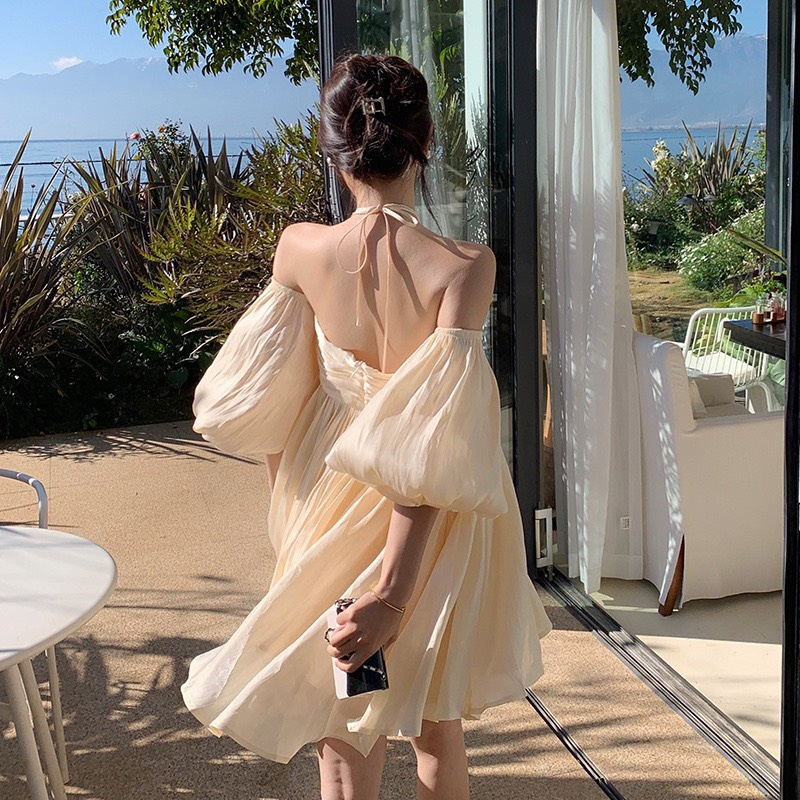 Váy đi biển - Váy babydoll trễ vai tay bồng chất voan tơ mềm mại, váy xòe thướt tha mang lại cảm giác tự tin thoáng mát