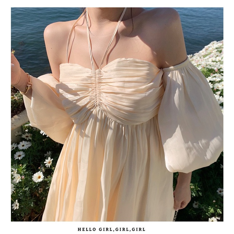 Váy đi biển - Váy babydoll trễ vai tay bồng chất voan tơ mềm mại, váy xòe thướt tha mang lại cảm giác tự tin thoáng mát