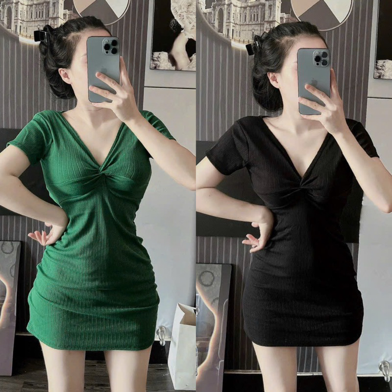 Đầm Body Cổ V Xoắn Ngực Dáng Ngắn Chất Xương Cá