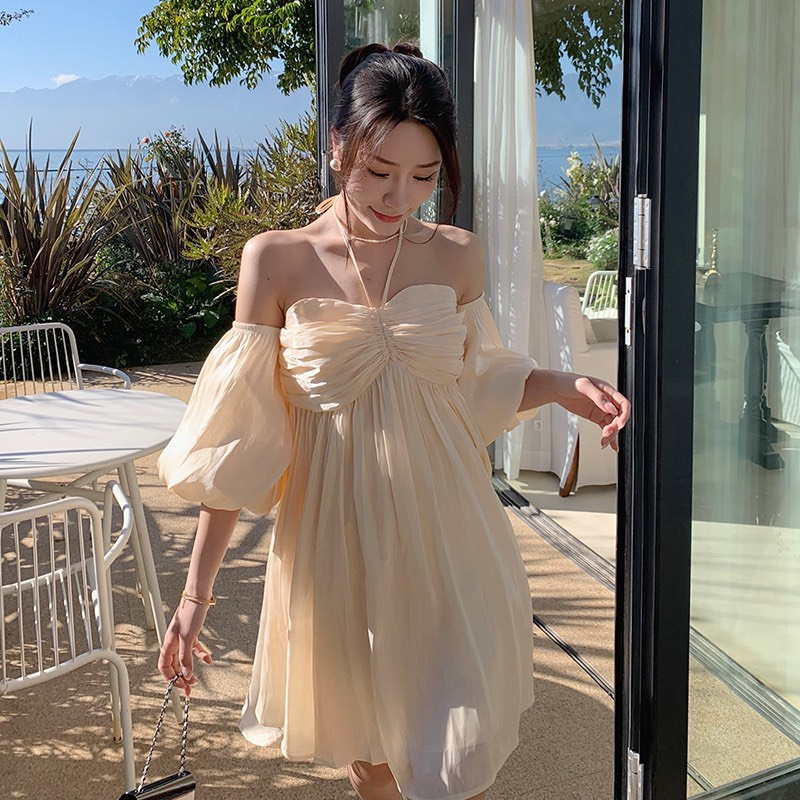 Váy đi biển - Váy babydoll trễ vai tay bồng chất voan tơ mềm mại, váy xòe thướt tha mang lại cảm giác tự tin thoáng mát