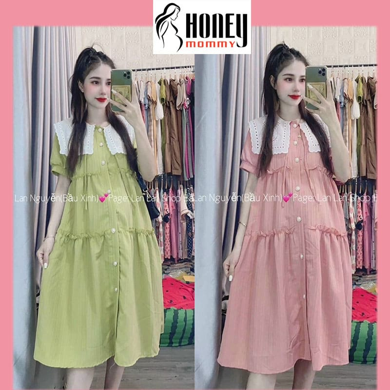 Đầm Bầu Váy Bầu Công Sở Mùa Hè Chất Đũi Gân Cổ Ren Xinh Xắn Dễ Thương Đi Chơi Đi Làm HD2733 Honey Mommy