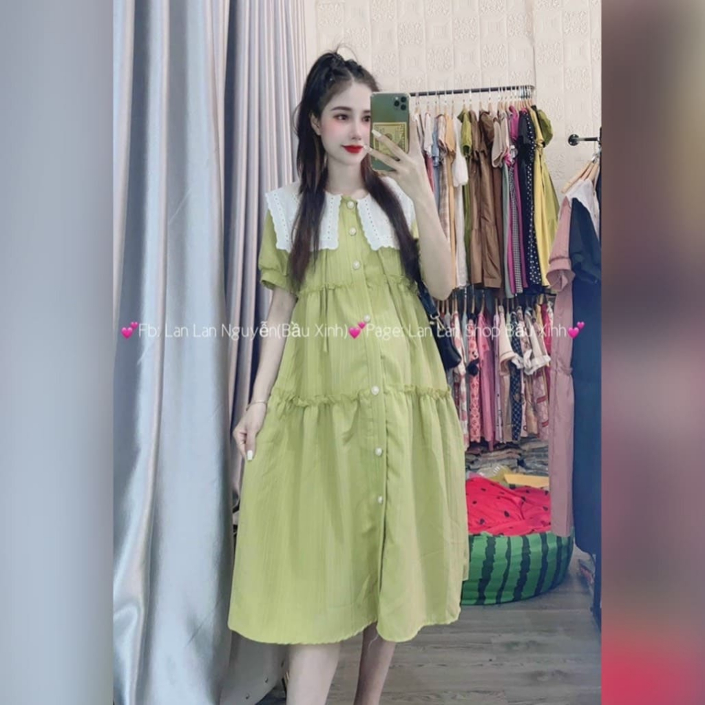 Đầm Bầu Váy Bầu Công Sở Mùa Hè Chất Đũi Gân Cổ Ren Xinh Xắn Dễ Thương Đi Chơi Đi Làm HD2733 Honey Mommy