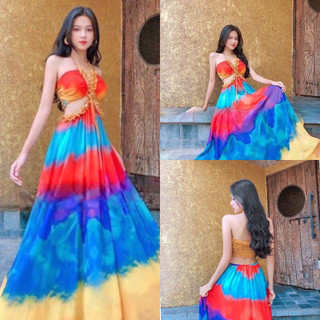 Đầm maxi đi biển cổ yếm viềm bèo dáng xòe nhúm thun lưng co giãn có sẵn mút ngực váy maxi xinh đẹp cá tính nàng thơ