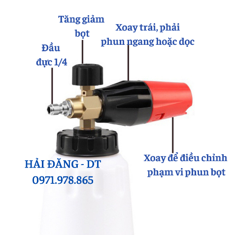 Bình foam bọt tuyết máy rửa xe 1L miệng to kèm khớp cái 1/4 gắn súng rửa xe áp lực cao