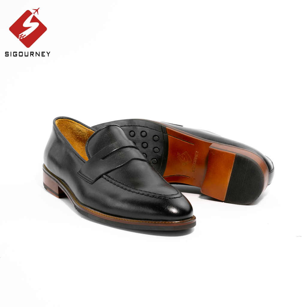 Giày loafer nam đế phíp gỗ cao cấp SIGOURNEY lót da trong màu đen trơn cấu trúc đế MCkay SCC-01 bảo hành 18 tháng