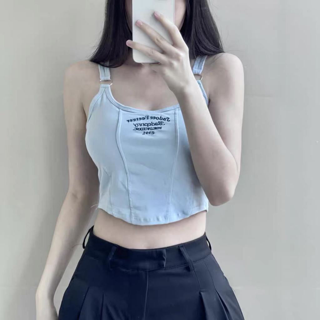 Áo croptop kiểu 2 dây vạt tròn tôn eo phối chữ thêu