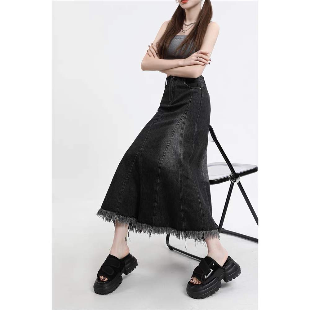 Chân Váy Jeans Dài Tua Rua Cá Tính Uzllang Siêu Xinh Trendy có bigsize