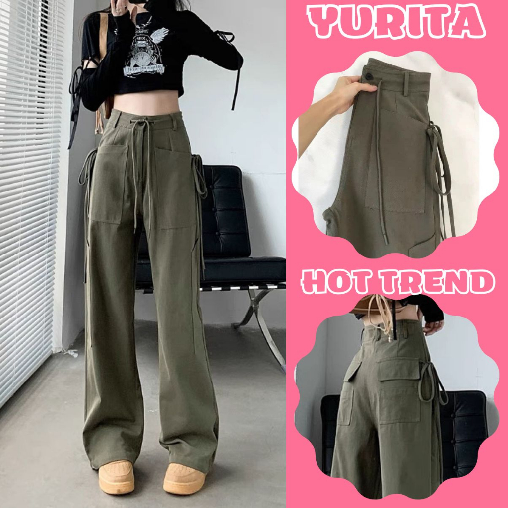 Quần Jean Túi Hộp Nữ Yurita Form Rộng Lưng Cao Dáng Suông Phối Dây Phong Cách Retro TOP.UNISEX Quần Suông Hottrend