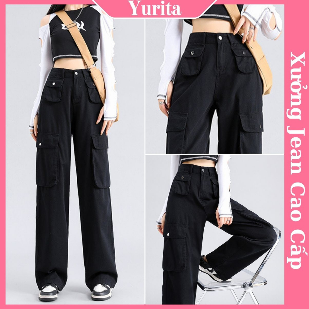 Quần Kaki Túi Hộp Ống Rộng Yurita Quần Jeans Ống Đứng Dáng Suông Nữ Cạp Cao Màu Đen
