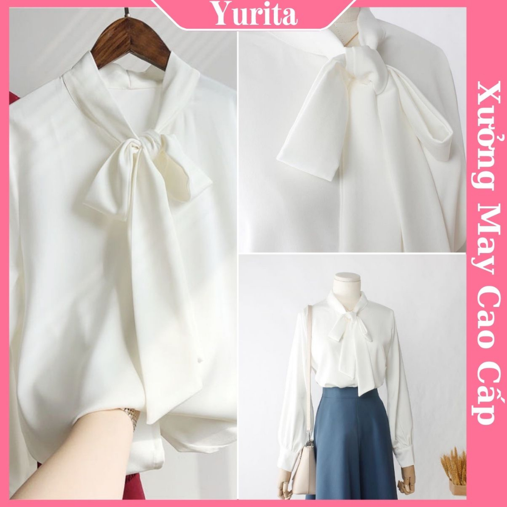 Áo Sơ Mi Nữ Kiểu Công Sở Đẹp YURITA Tay Dài Cổ Thắt Nơ Tay Chất Lụa Cao Cấp From Rộng Kiểu Dáng Hàn Quốc Ulzzang Vintage