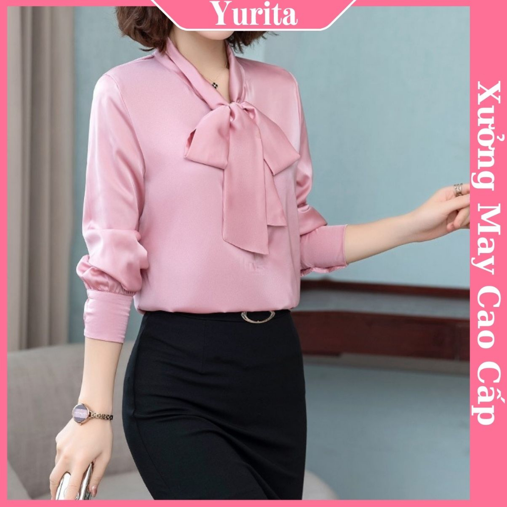 Áo Sơ Mi Kiểu Công Sở Đẹp YURITA Tay Dài Cổ Thắt Nơ Màu Hồng Chất Lụa Cao Cấp From Rộng Hàn Quốc Ulzzang Vintage A1H