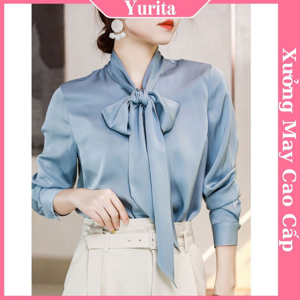 Áo Sơ Mi Kiểu Công Sở Đẹp YURITA Tay Dài Cổ Thắt Nơ Màu Xanh Chất Lụa Cao Cấp From Rộng Hàn Quốc Ulzzang Vintage A1X