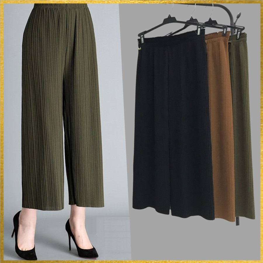 Quần lửng Xếp Ly , Mẫu Quần Thun Dập Ly Freesize Ống Rộng 4 Chiều Lưng Cao Trẻ Trung, L001