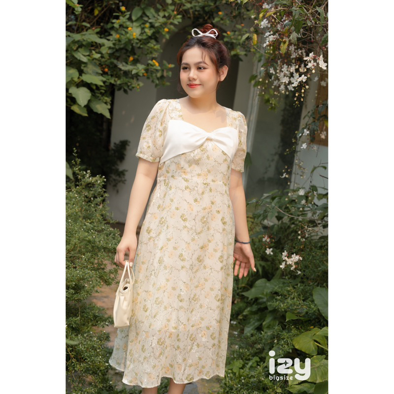 VÁY ĐẦM BIGSIZE HOA TƠ ÉP NƠ TRẮNG - HELEN DRESS 23V10 - IZYBYNHI