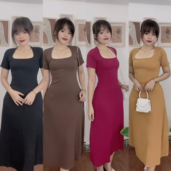 Đầm body dự tiệc đi chơi cổ vuông chân váy xòe WENJI, Váy đầm body thun nữ tôn dáng, sexy cho các nàng