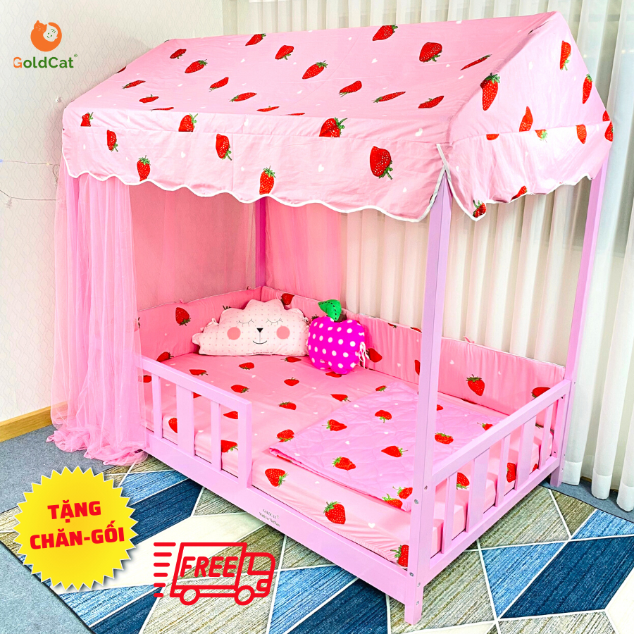 Giường Cho Bé Gái Hình Ngôi Nhà, Kèm Màn Chống Muỗi, Gỗ Quế Tự Nhiên GoldCat Cho Trẻ Từ 3-15 Tuổi,Tặng Sét Trang Trí.
