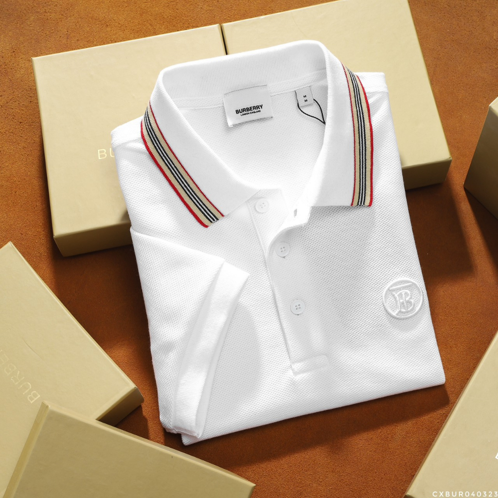 Áo Thun Nam Polo Shirt BURBERRY VIỀN ĐỎ SỌC BASIC LONDON ENGLAND Vải Cotton Piqué Dệt Kim Cao Cấp Có Big Size