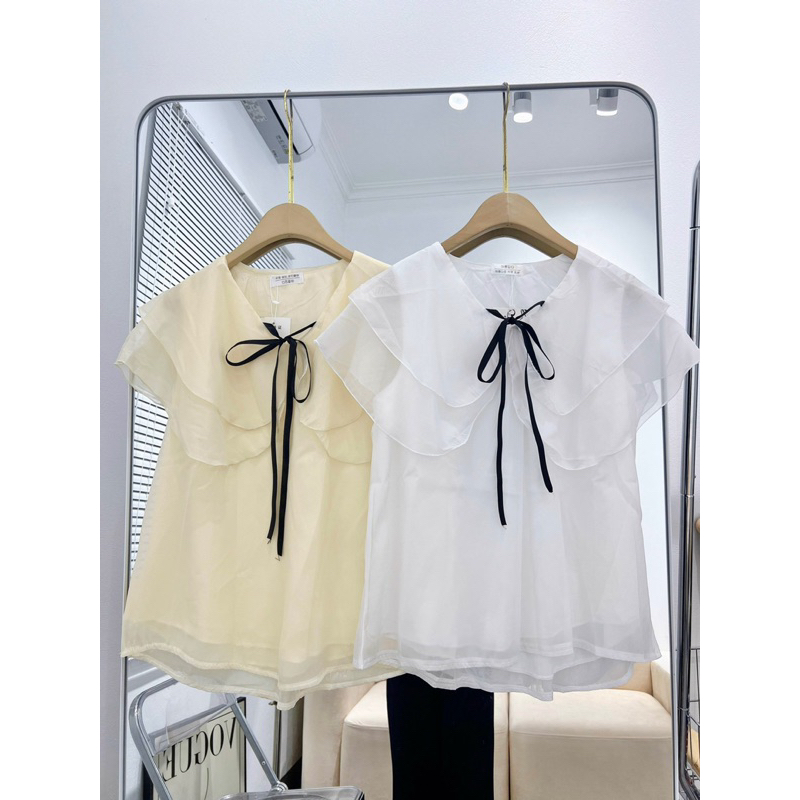 Áo kiểu tiểu thư cổ bèo tay cánh tiên thắt nơ dáng babydoll