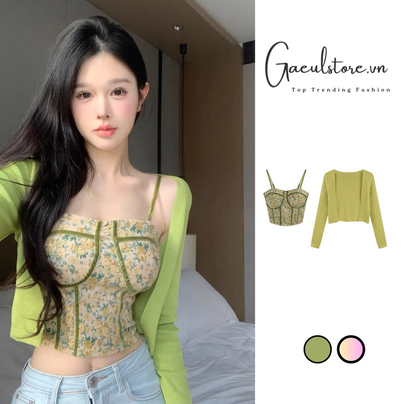 Gaeul store- set áo 2 dây hoa mix khoác len cardigan