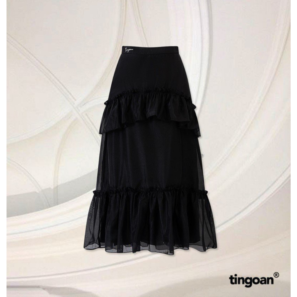 TINGOAN® - Chân váy dài cạp cao đen thêu chữ "TINGOAN" cạp sau váy bèo nhỏ 2 tầng LIU WEN SKIRT/BL