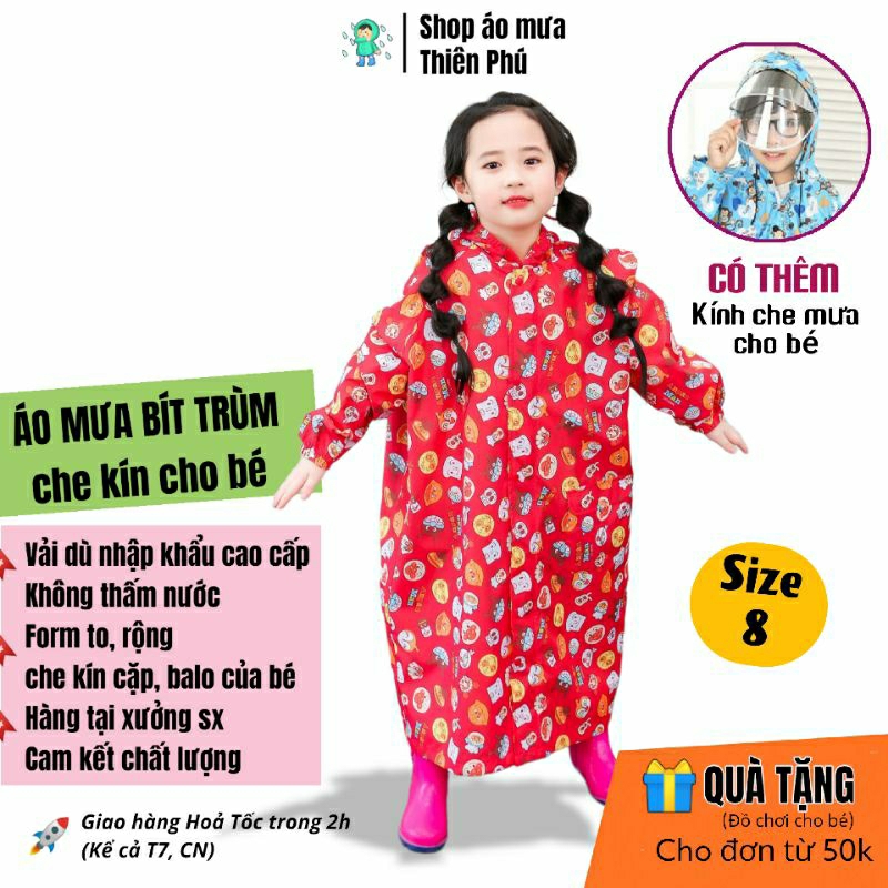 Áo Mưa Bít Cho Bé từ 3 tuổi trở lên, CÓ KÍNH CHẮN NƯỚC, Vải Dù thiết kế trùm kín -Size số 8- Thiên Phú Raincoat for Kids
