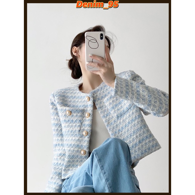 Áo dạ tweed xanh cao cấp, cúc Ngọc trai, hàng hai lớp, chất dạ tweed mềm mại cổ tròn | BigBuy360 - bigbuy360.vn