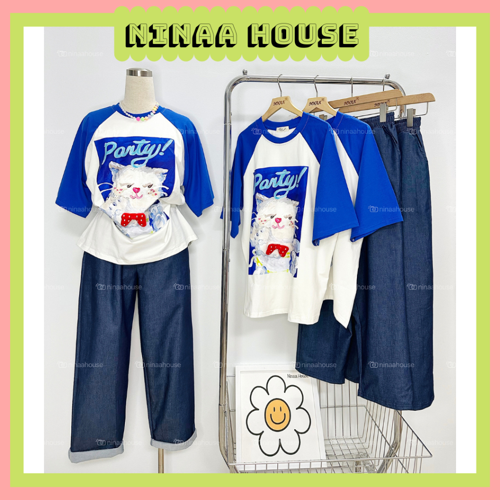 Set Quần Baggy Jean Nữ Kèm Áo Thun Tay Raplan In Mèo Nơ Đỏ Cá Tính - Ninaa House