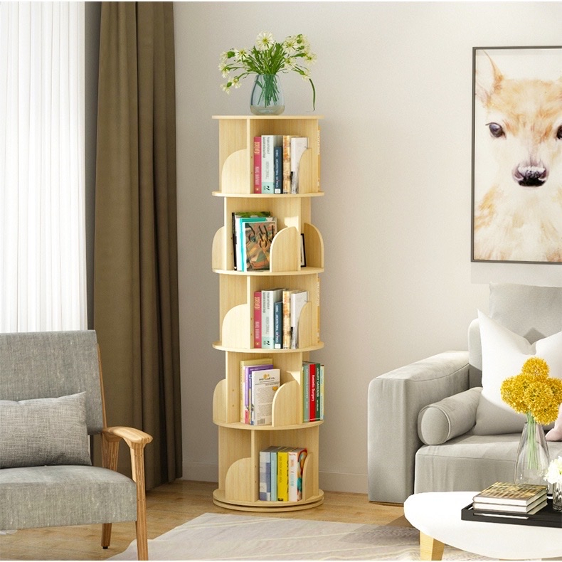 Kệ gỗ xoay tròn 5 tầng, kệ sách nội thất phòng khách thông minh. Gỗ MDF cao cấp. Lắp ráp đơn giản