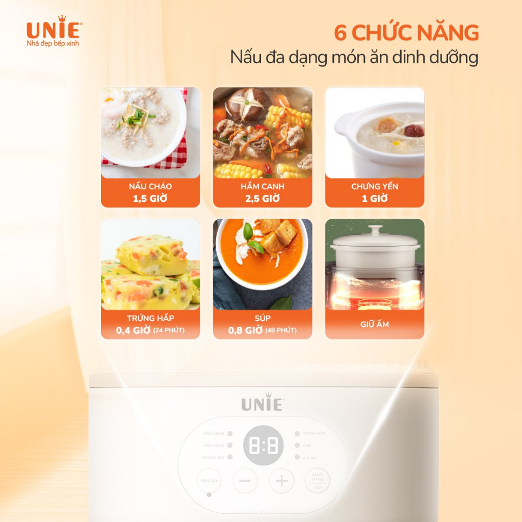 Nồi nấu chậm Unie USC08W cách thủy, thiết kế nhỏ gọn, 6 chức năng nấu đa dạng, chế độ tự ngắt khi cạn nước