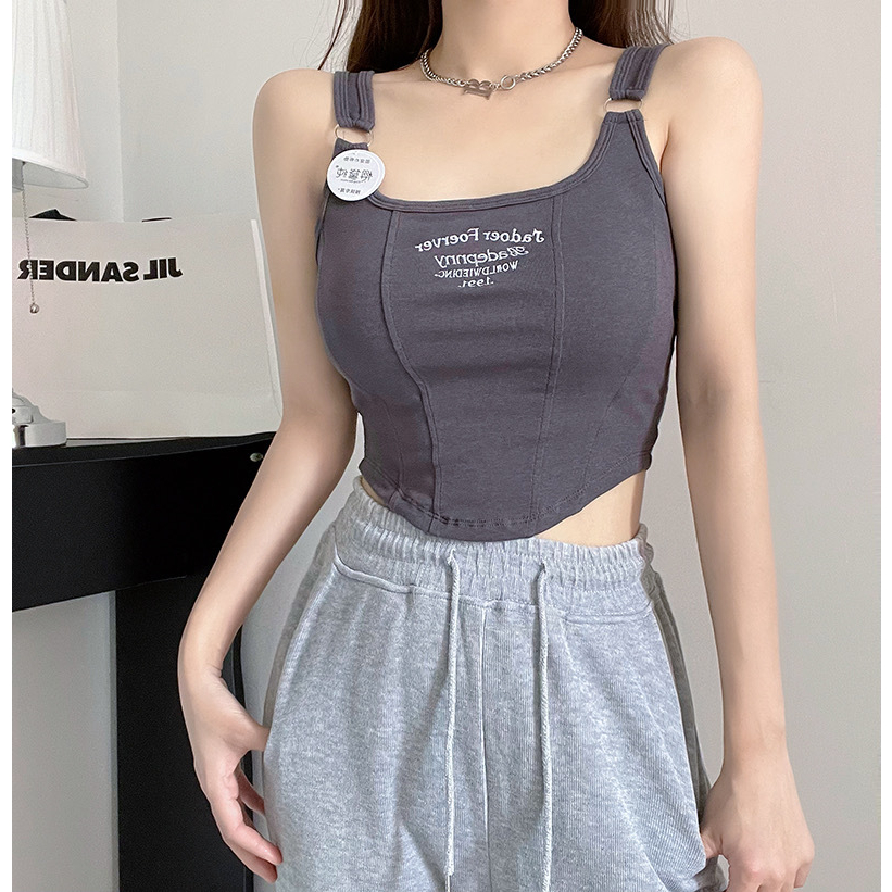 Áo croptop kiểu 2 dây vạt tròn tôn eo phối chữ thêu