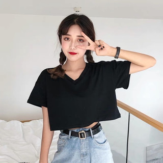 Áo croptop cổ tim phông nữ trơn tay ngắn cổ v basic trắng/đen//annhien1111