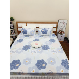 (Sale lớn) Bộ 3 món ga kèm 2 áo gối m6/m8/2m2, drap bo chun bọc nệm poly cotton - Hoa nơ tím, thỏ tim xanh và nhiều mẫu