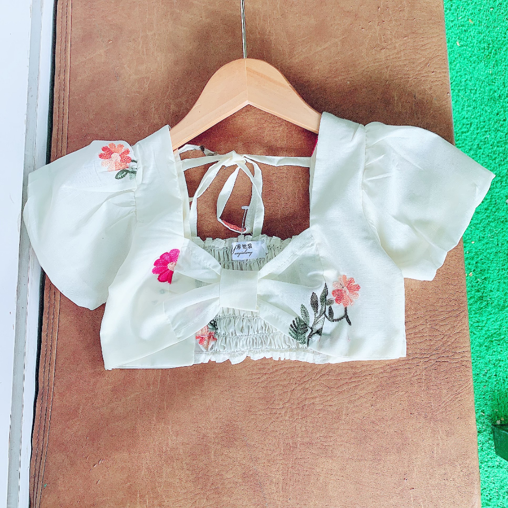 Sét váy bé gái kiểu nơ croptop cá tính vải thô boi thêu hoa xinh xắn 12kg đến 30kg