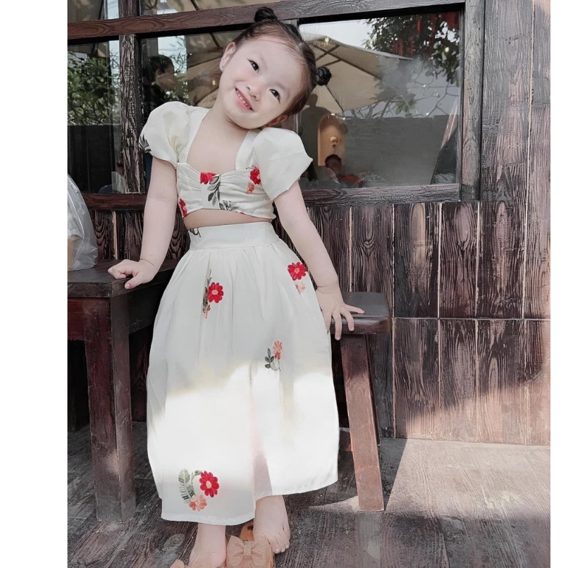 Sét váy bé gái kiểu nơ croptop cá tính vải thô boi thêu hoa xinh xắn 12kg đến 30kg