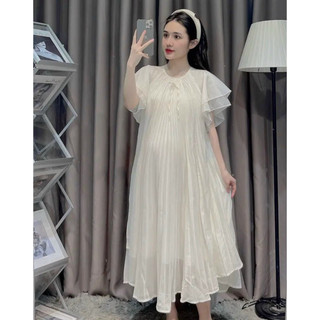 Váy suông xếp ly cổ yếm Basic dáng dài váy bầu 2 lớp đầm maxi đầm freesize đầm yếm