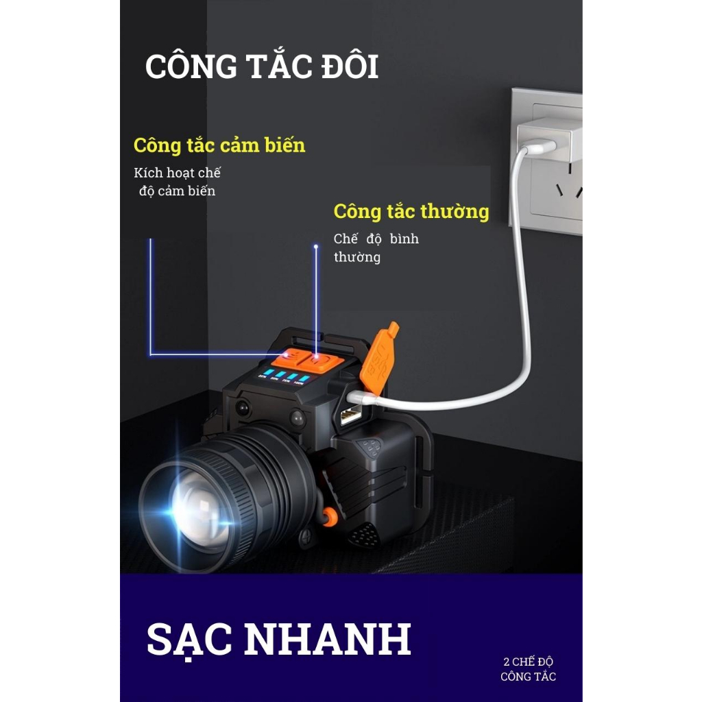 Đèn pin đội đầu 1 bóng cảm biến vẫy tay siêu sáng chiếu xa 300m - Đèn pin led chống thấm nước