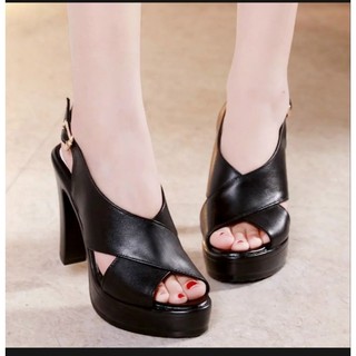 Giày sandal cao gót đế xuồng PU siêu nhẹ , quai da mờ bản to bắt chéo