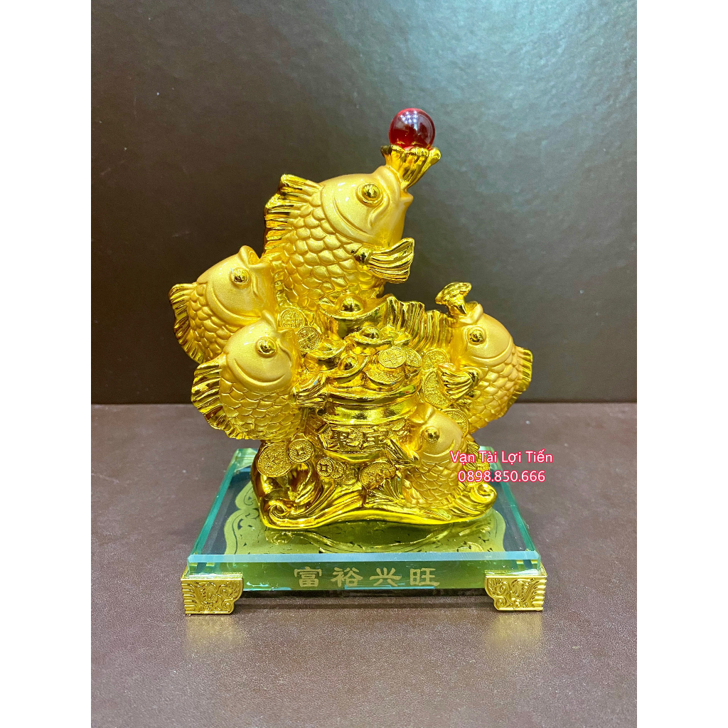Tượng cá chép phong thủy ngũ ngư ngậm châu đế thủy tinh chiêu tài hút lộc