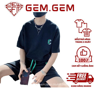 Bộ thun ulzzang cộc tay nam nữ trơn chất xốp hoạ tiết THÊU CHỮ C form rộng 🌸 Set đồ unisex áo phông quần short