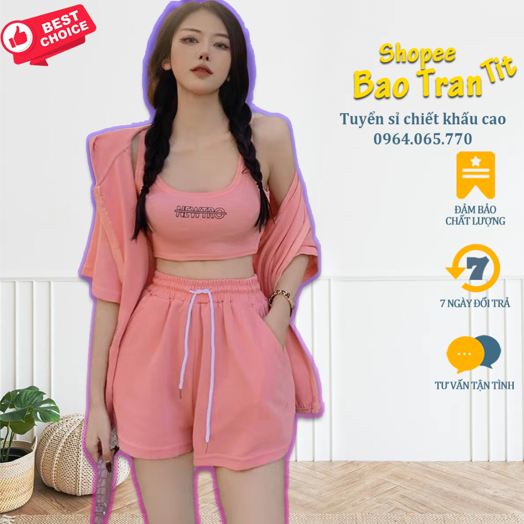 Set 3 món thể thao hồng: khoác nón kèm crop 3 lỗ chữ short - Kho tuyển sỉ ưu đãi chiết khấu tốt