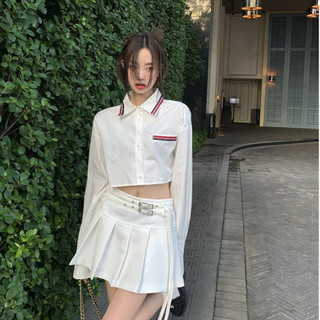 Áo sơ mi croptop phối kẻ xanh, Sơ mi nữ tay dài thời trang kiểu dáng công sở CHOUCHOU